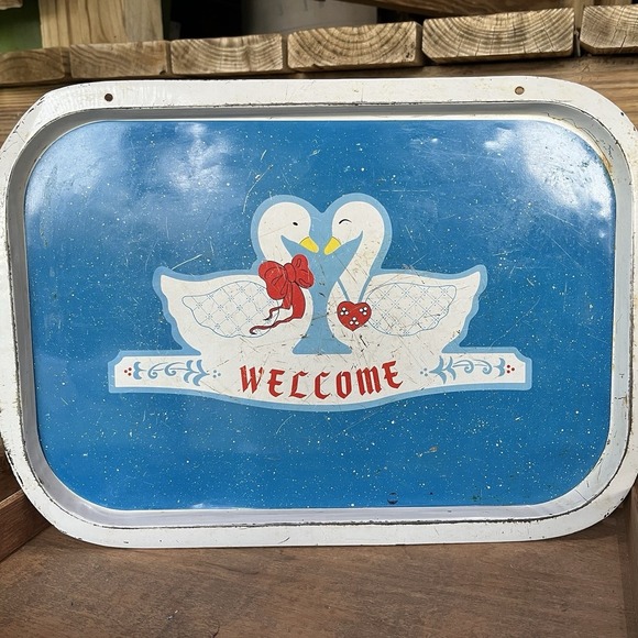 Vintage Blue Granite Duck Goose Welcome Tin Trays Cottagecore Set Of 2 - Picture 1 of 7